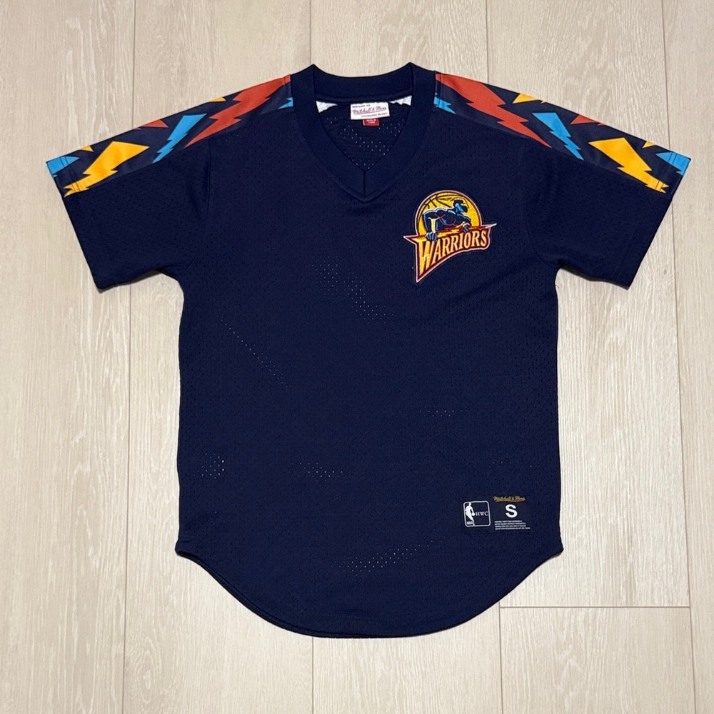 Mitchell & Ness Navy Golden State Warriors Jersey with Vibrant Sleeves
